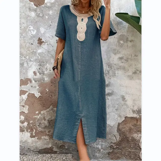 Round Neck Ruffled Short Sleeves Pure Cotton And Linen Slit Loose Dress Blue - Shop at LoveMi