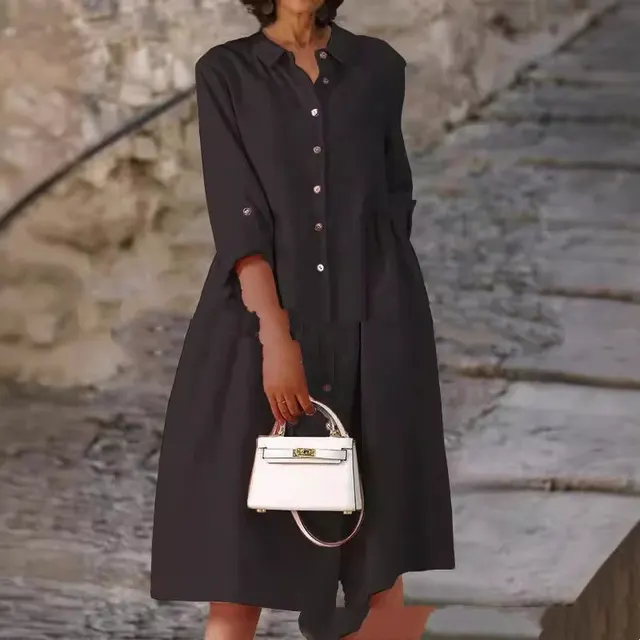 Pure Cotton And Linen Solid Color Loose Pocket Dress Black - Shop at LoveMi