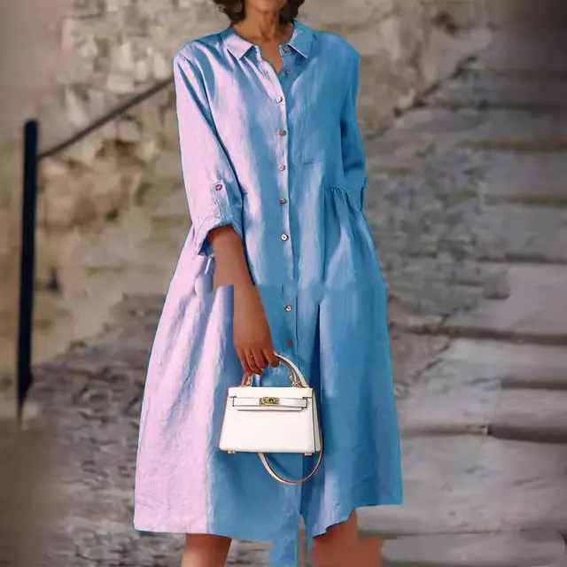 Pure Cotton And Linen Solid Color Loose Pocket Dress Light Blue - Shop at LoveMi