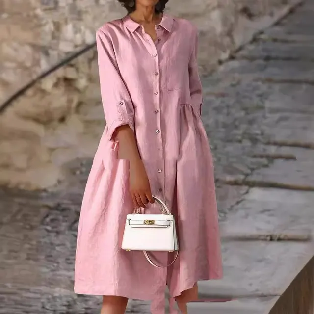 Pure Cotton And Linen Solid Color Loose Pocket Dress Pink - Shop at LoveMi