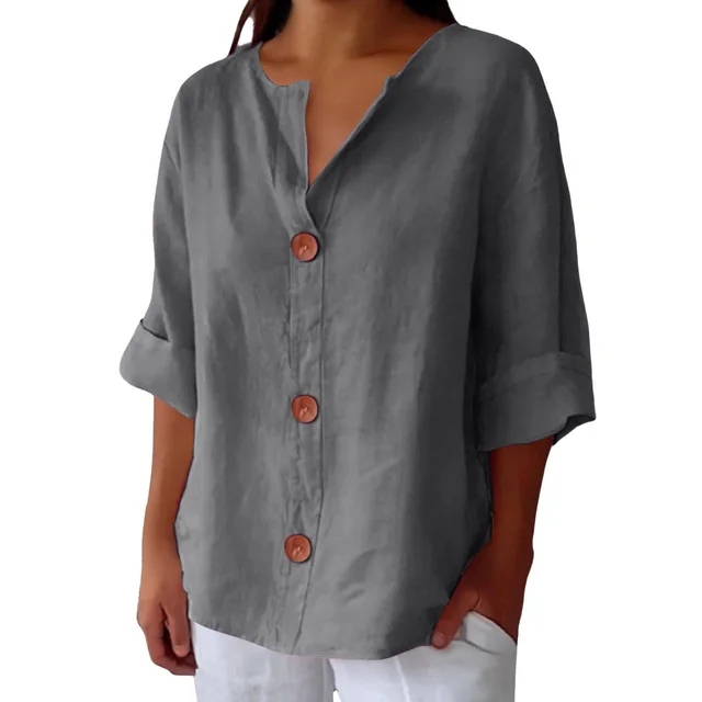 Loose T shirt Women's V neck Cotton And Linen Button Top Gray - Shop at LoveMi