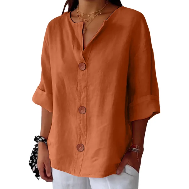 Loose T shirt Women's V neck Cotton And Linen Button Top Orange - Shop at LoveMi
