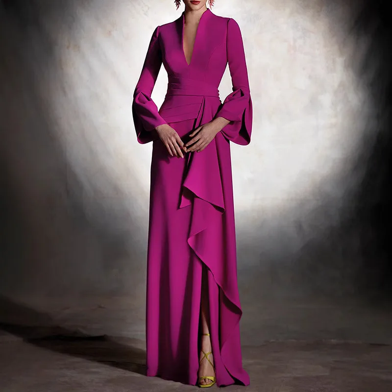 Casual Solid Colour A- Line Slim Deep V-neck Evening Dress - Purple