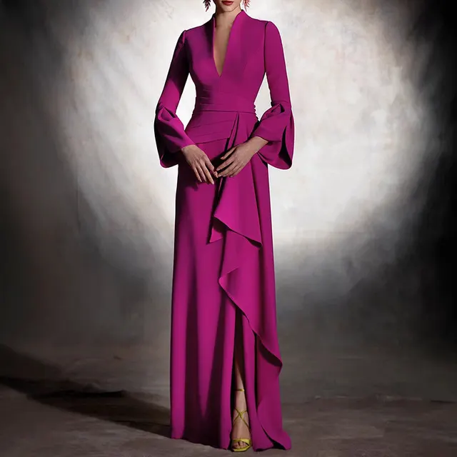 Casual Solid Color A Line Slim Deep V neck Evening Dress Purple - Shop at LoveMi