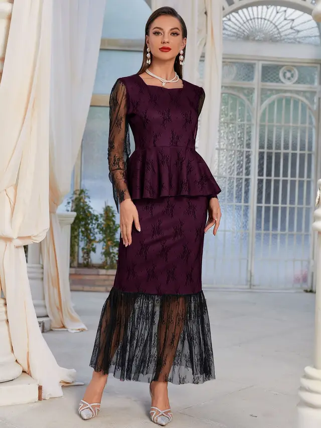 Lace Stitching Coat Skirt Two piece Suit Rose Red - Shop at LoveMi
