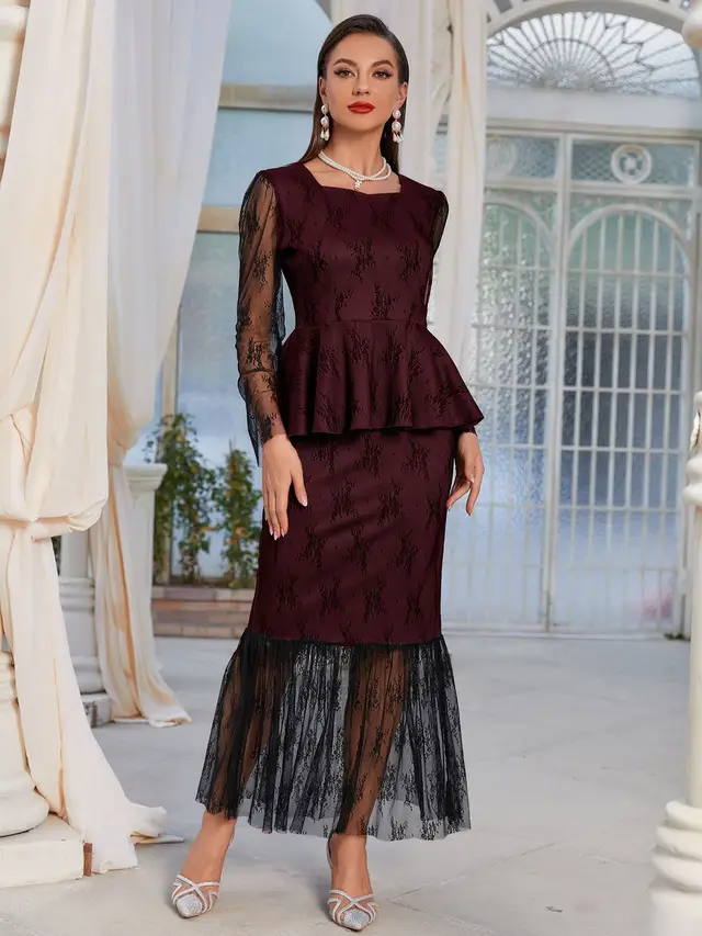 Lace Stitching Coat Skirt Two piece Suit Wine Red - Shop at LoveMi