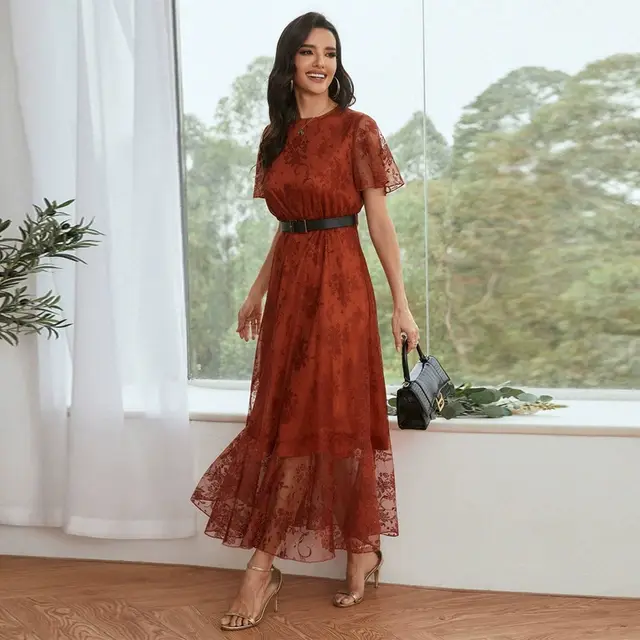 Lace Elegant Women's Dress Including Belt Orange Red - Shop at LoveMi