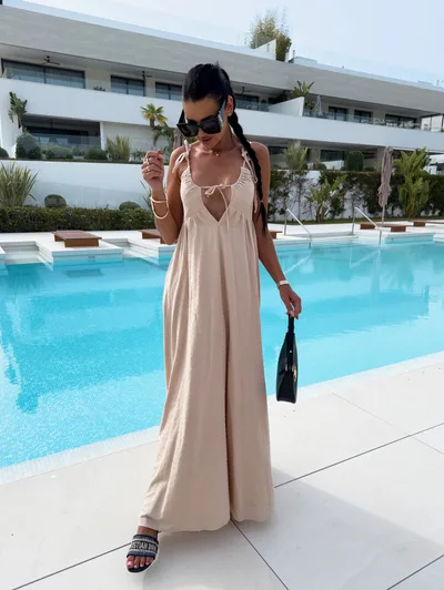 Women's Solid Color Jacquard Sling Deep V Sexy Loose Dress Apricot - Shop at LoveMi