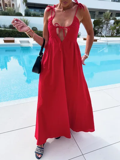 Women's Solid Color Jacquard Sling Deep V Sexy Loose Dress Red - Shop at LoveMi