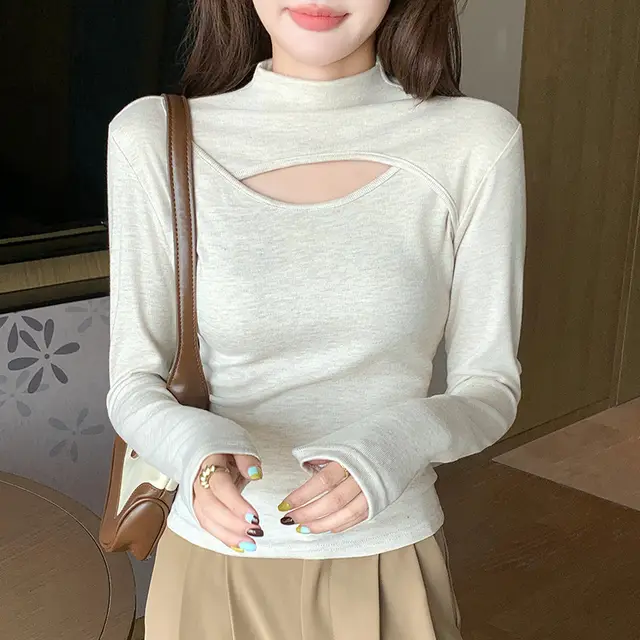 Stitching Women's Half Turtleneck Hollow out Design Long sleeved Top Beige - Shop at LoveMi