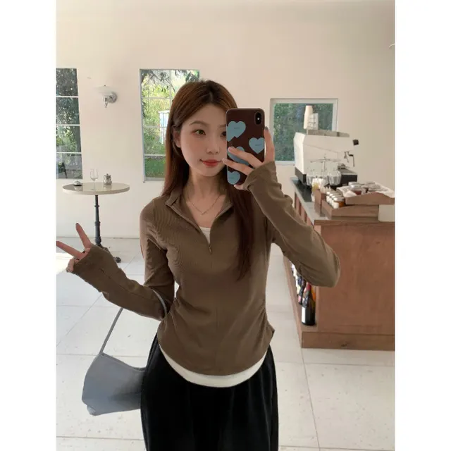 Women's Creative Leisure Stand up Collar Long Sleeve T shirt Brown - Shop at LoveMi