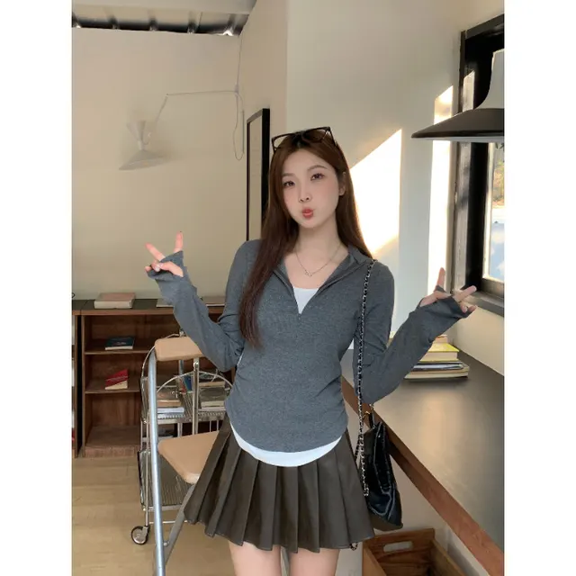 Women's Creative Leisure Stand up Collar Long Sleeve T shirt Gray - Shop at LoveMi