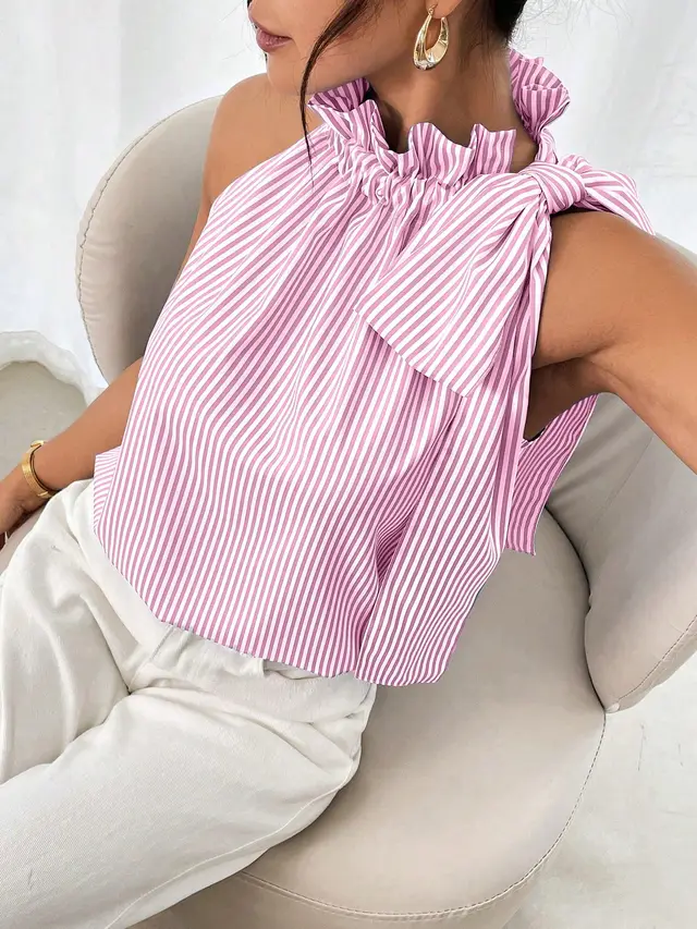 Fashion Casual Sleeveless Striped Lace Turtleneck Top Pink - Shop at LoveMi