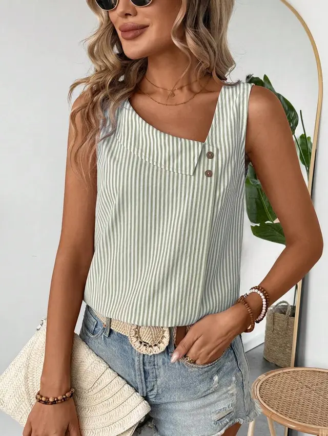 Casual Diagonal Collar Sleeveless Multi color Stripe Women's Top Matcha - Shop at LoveMi