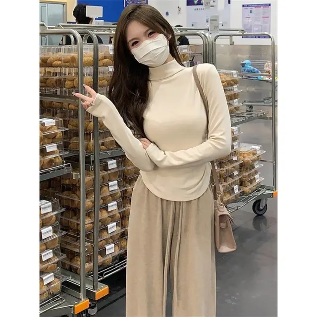 Turtleneck Long Sleeve Drawstring Ruffle Bottoming Top Apricot - Shop at LoveMi