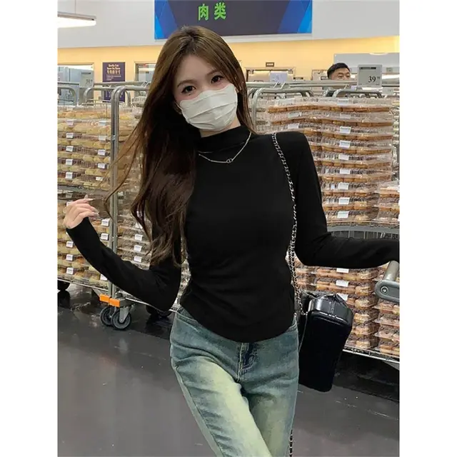 Turtleneck Long Sleeve Drawstring Ruffle Bottoming Top Black - Shop at LoveMi