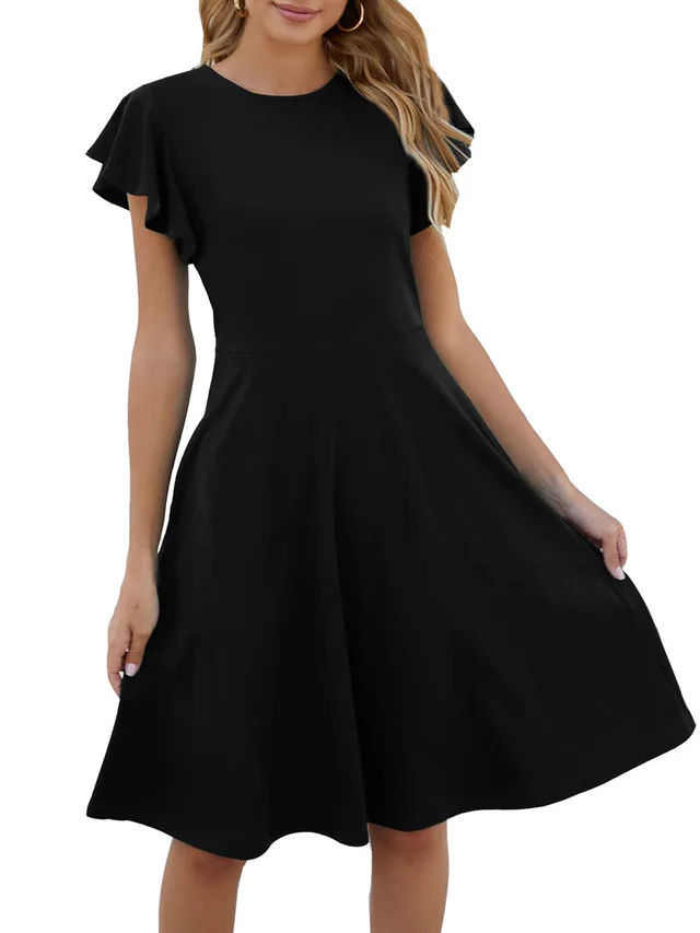 Short Sleeve Round Neck Elegant Ruffle Sleeve Solid Color Casual Mid length Dress Black - Shop at LoveMi