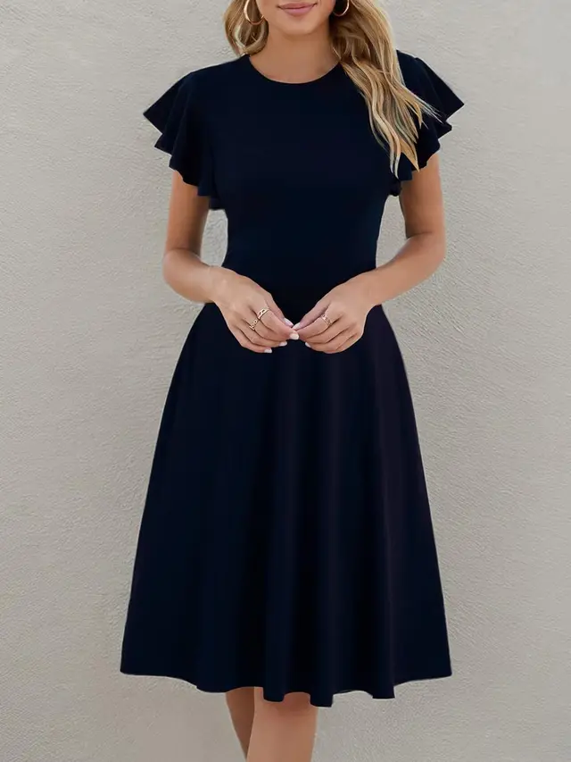 Short Sleeve Round Neck Elegant Ruffle Sleeve Solid Color Casual Mid length Dress Navy Blue - Shop at LoveMi