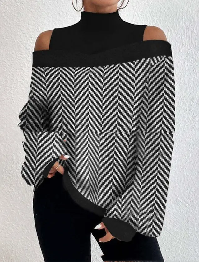 Turtleneck Off the shoulder Long Sleeve Printed Top No 11 Color - Shop at LoveMi