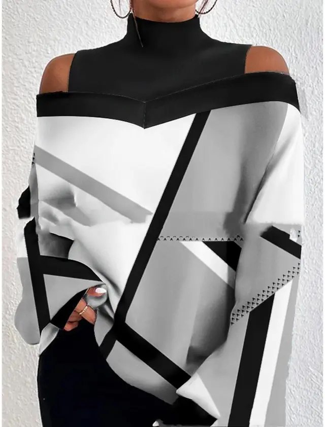 Turtleneck Off the shoulder Long Sleeve Printed Top No 3 Color - Shop at LoveMi