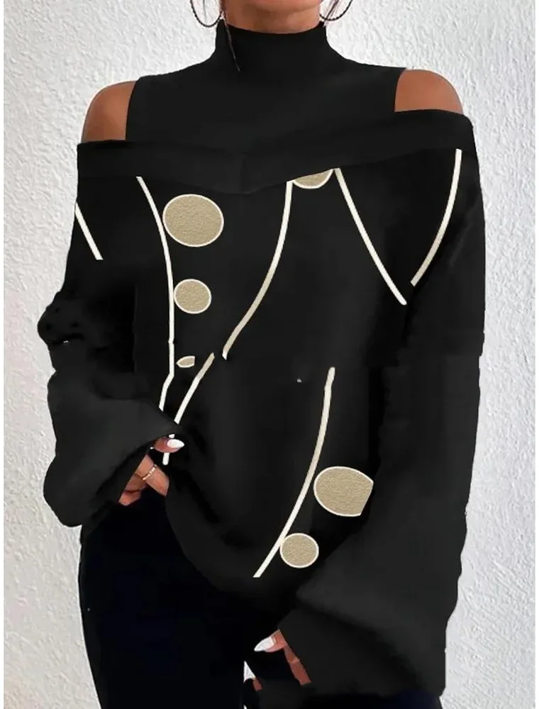 Turtleneck Off-the-shoulder Long Sleeve Printed Top - No9 Colour-Xl - View 1