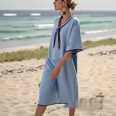 Casual Sailor Collar Striped Printed Dress Sky Blue - Shop at LoveMi