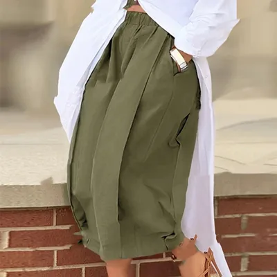 Cross border European And American Foreign Trade New Solid Color Loose Comfort And Casual Elastic Waistband Slimming Cropped Wide leg Pants For Women Army Green - Shop at LoveMi