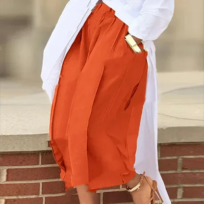 Cross border European And American Foreign Trade New Solid Color Loose Comfort And Casual Elastic Waistband Slimming Cropped Wide leg Pants For Women Orange Red - Shop at LoveMi