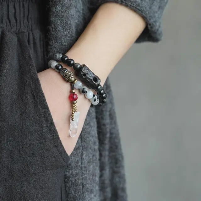 Ethnic Style Black Hair Crystal Bracelet Men's White Crystal Tassel Girl Size 15 - Shop at LoveMi