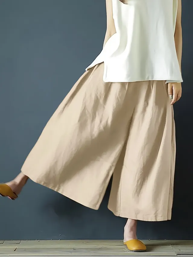 Coarse Linen Solid Color Cotton And Linen Texture Smoke sensitive Gray Wide leg Pants Apricot - Shop at LoveMi