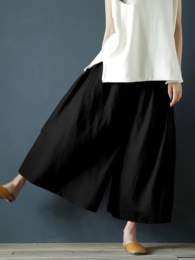 Coarse Linen Solid Color Cotton And Linen Texture Smoke sensitive Gray Wide leg Pants Black - Shop at LoveMi