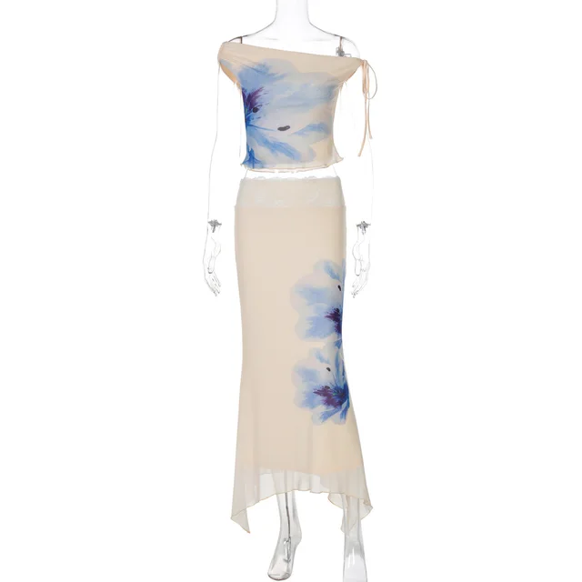 Summer New Casual Contrast Color Printed Top Lace Skirt Two piece Set Apricot - Shop at LoveMi