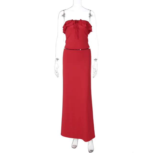 Summer New Elegant Wooden Ear Tube Top Package Hip Long Skirt Two piece Set Red - Shop at LoveMi