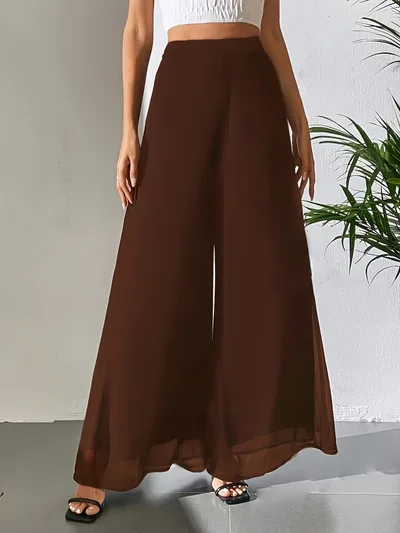 Casual Chiffon Wide leg Pants Loose Trousers Dark Brown - Shop at LoveMi