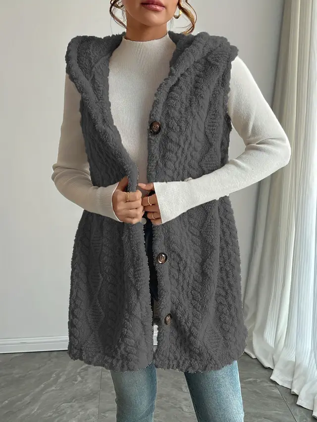 Solid Color Double sided Plush Hooded Button Cardigan Casual Women Autumn And Winter Vest Gray - Shop at LoveMi