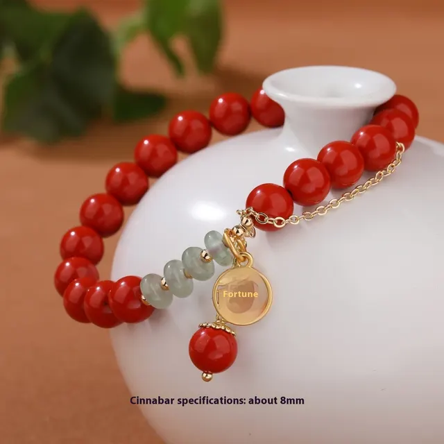 Retro Women's Jade Spacer Red Sand Fu Character Tassel Bracelet Cinnabar Bracelet - Shop at LoveMi