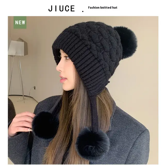 Idle Style Thick Double layer Ear Protection Cold proof Shuttlecock Rabbit Fur Hat Black - Shop at LoveMi