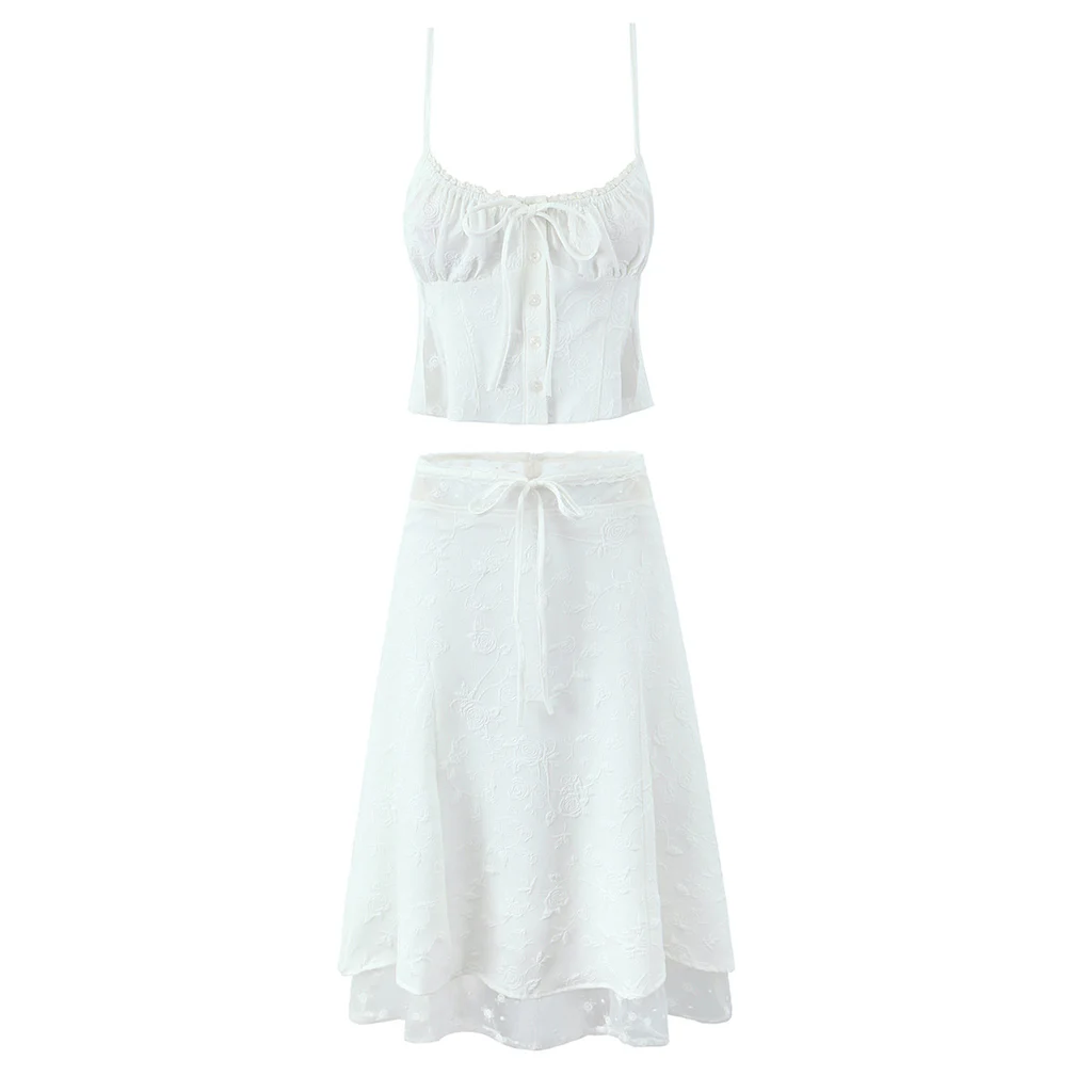 Sweet Lace Stitching Sling Vest High Waist Midi Skirt - Suit