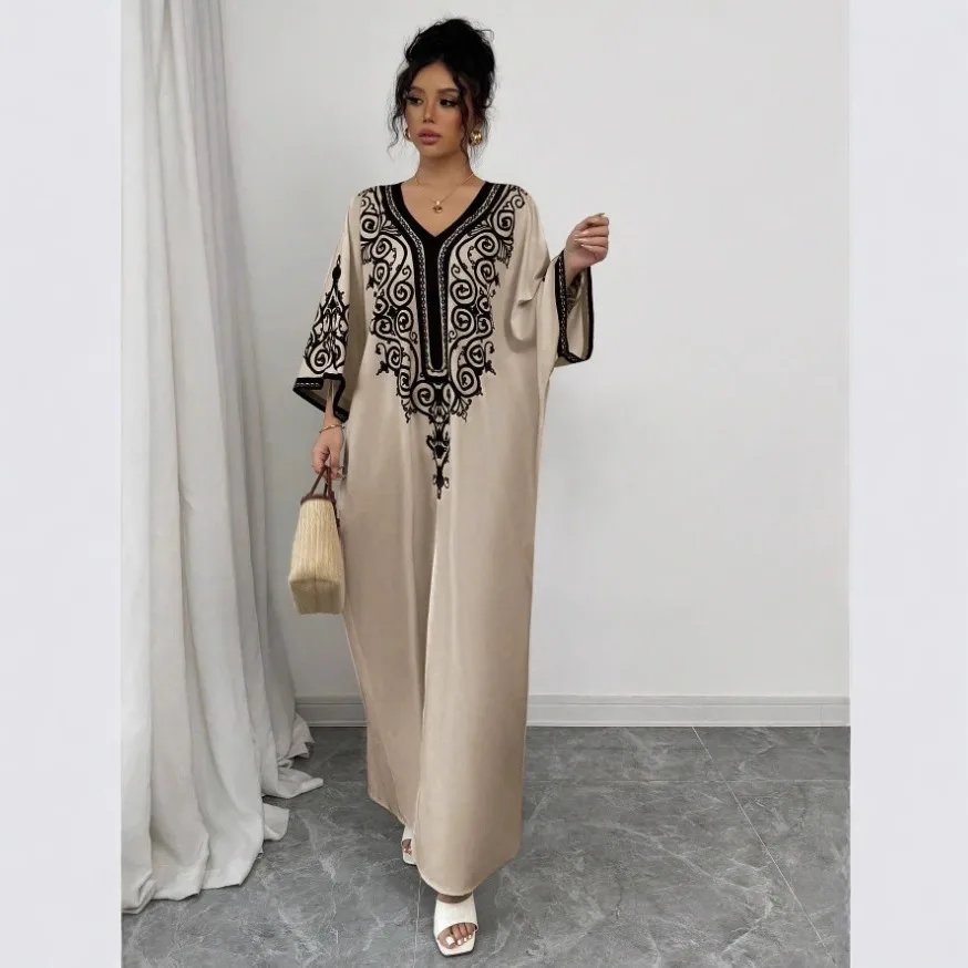V-neck Positioning Flower Loose Printed Dress - Khaki - View 1