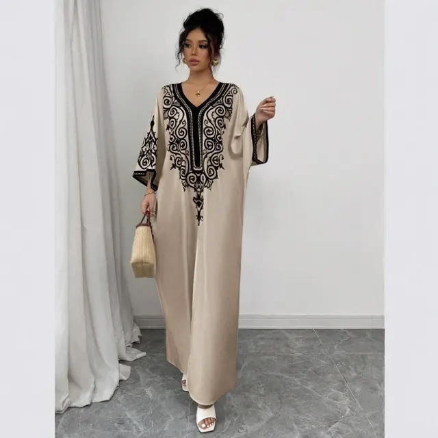 V neck Positioning Flower Loose Printed Dress Khaki - Shop at LoveMi