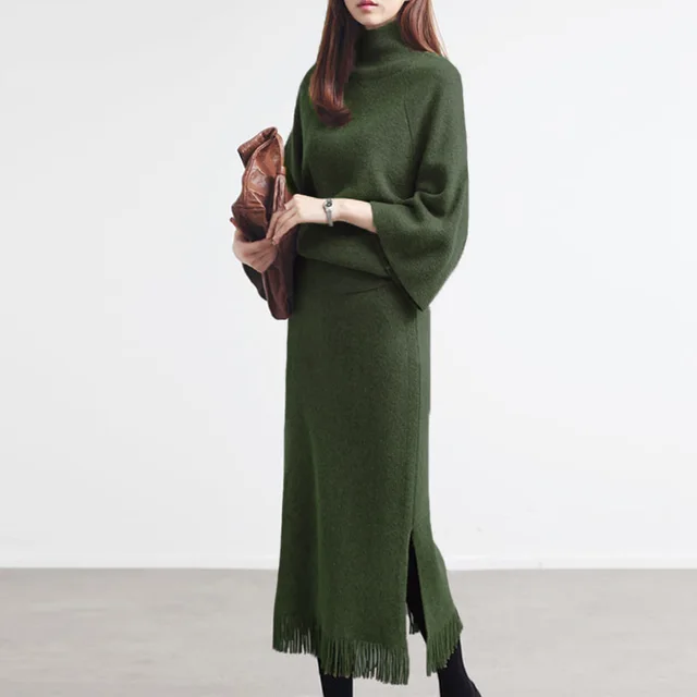 Wear Sweater Versatile Korean Style Wool Skirt Suit Dark Green - Shop at LoveMi