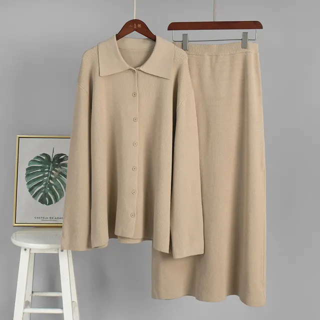 Autumn And Winter Polo Collar Cardigan Skirt Suit Khaki - Shop at LoveMi