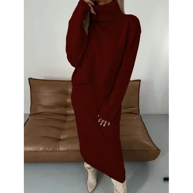 Lazy Style Knitwear Elegant Skirt Two piece Set Wine Red - Shop at LoveMi