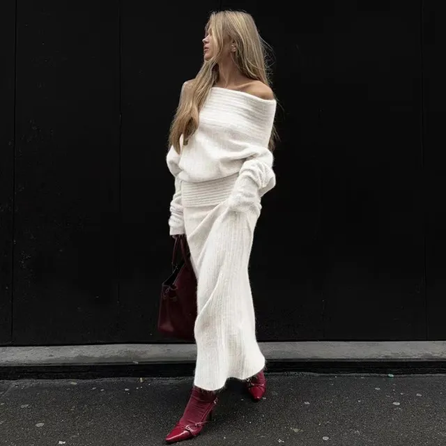 Fashionable Knitted Off shoulder Top Lapel Skirt Two piece Set White - Shop at LoveMi