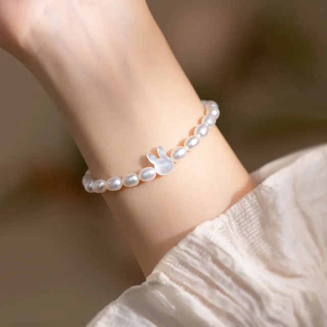 White Shell Small Rice shaped Beads Pearl Elastic String Rabbit Bracelet 16Cm - Shop at LoveMi