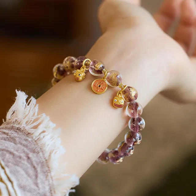 Handmade National Style Natural Colorful Fragrant Gray Gold Foil Colored Glaze Swallowing Gold Beast Bracelet Purple - Shop at LoveMi