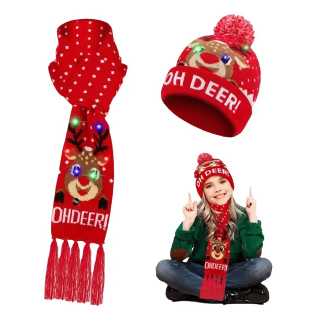 Holiday Party Christmas LED Luminous Knitted Jacquard Knitted Hat Hat Scarf Suit 1 - Shop at LoveMi