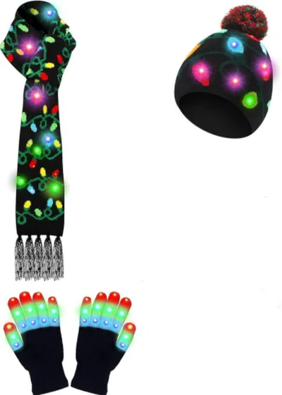 LED Christmas Knitted Hat Scarf Gloves Three piece Set Black Lighting Chain - Shop at LoveMi