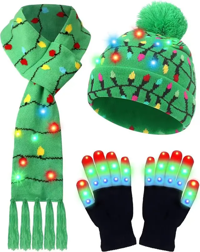LED Christmas Knitted Hat Scarf Gloves Three piece Set Green Lighting Chain - Shop at LoveMi