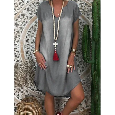 Hem Short Sleeve Multi color Multi size Denim Dress Gray - Shop at LoveMi